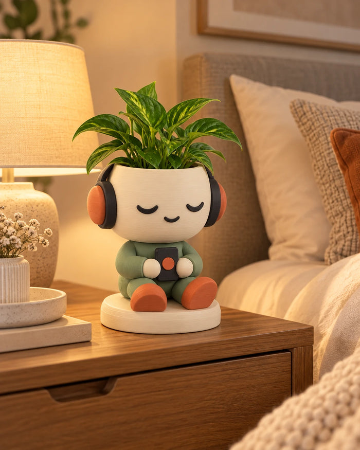Headphone Planter with a plant on a bedside table beside a lamp