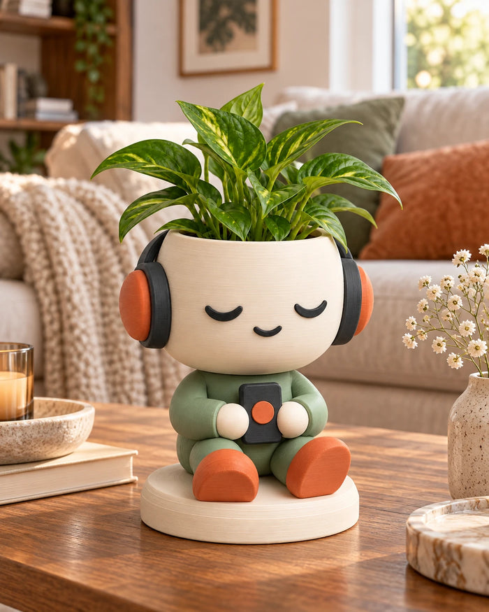 Headphone Planter with a plant on a living-room coffee table