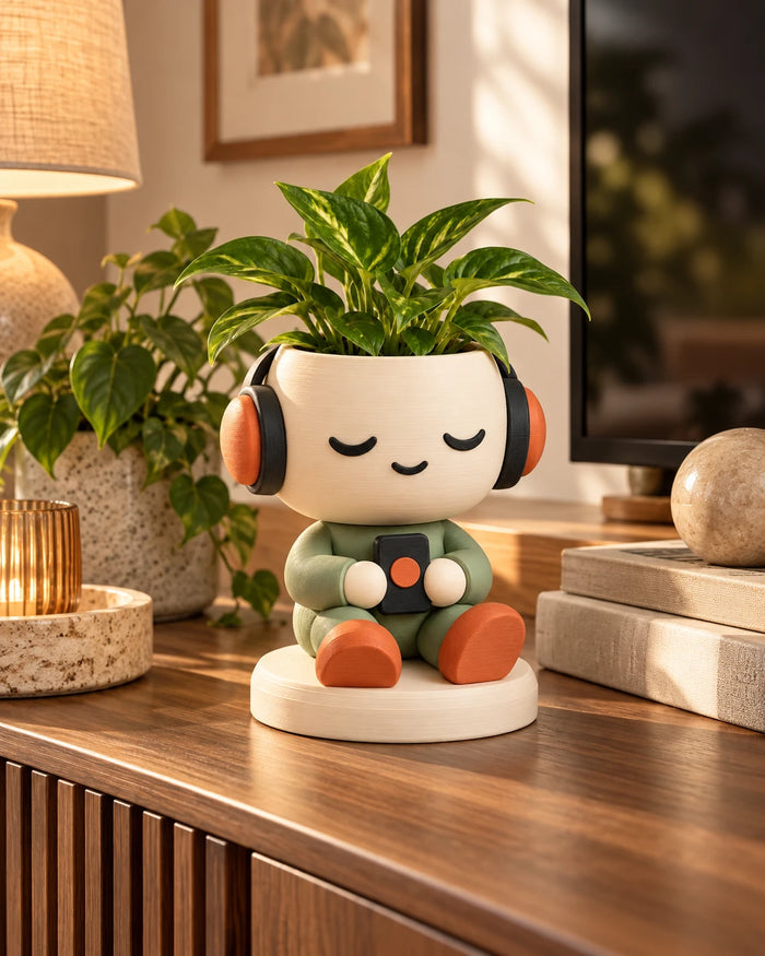 Headphone Planter with a plant on a wooden console beside a television