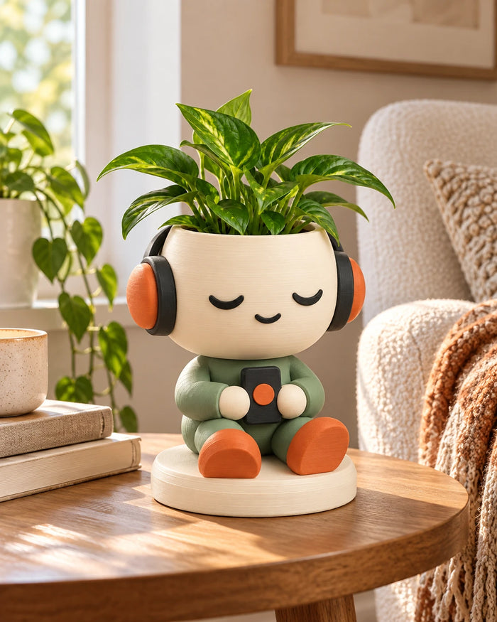 Headphone Planter with a plant on a round side table by a window