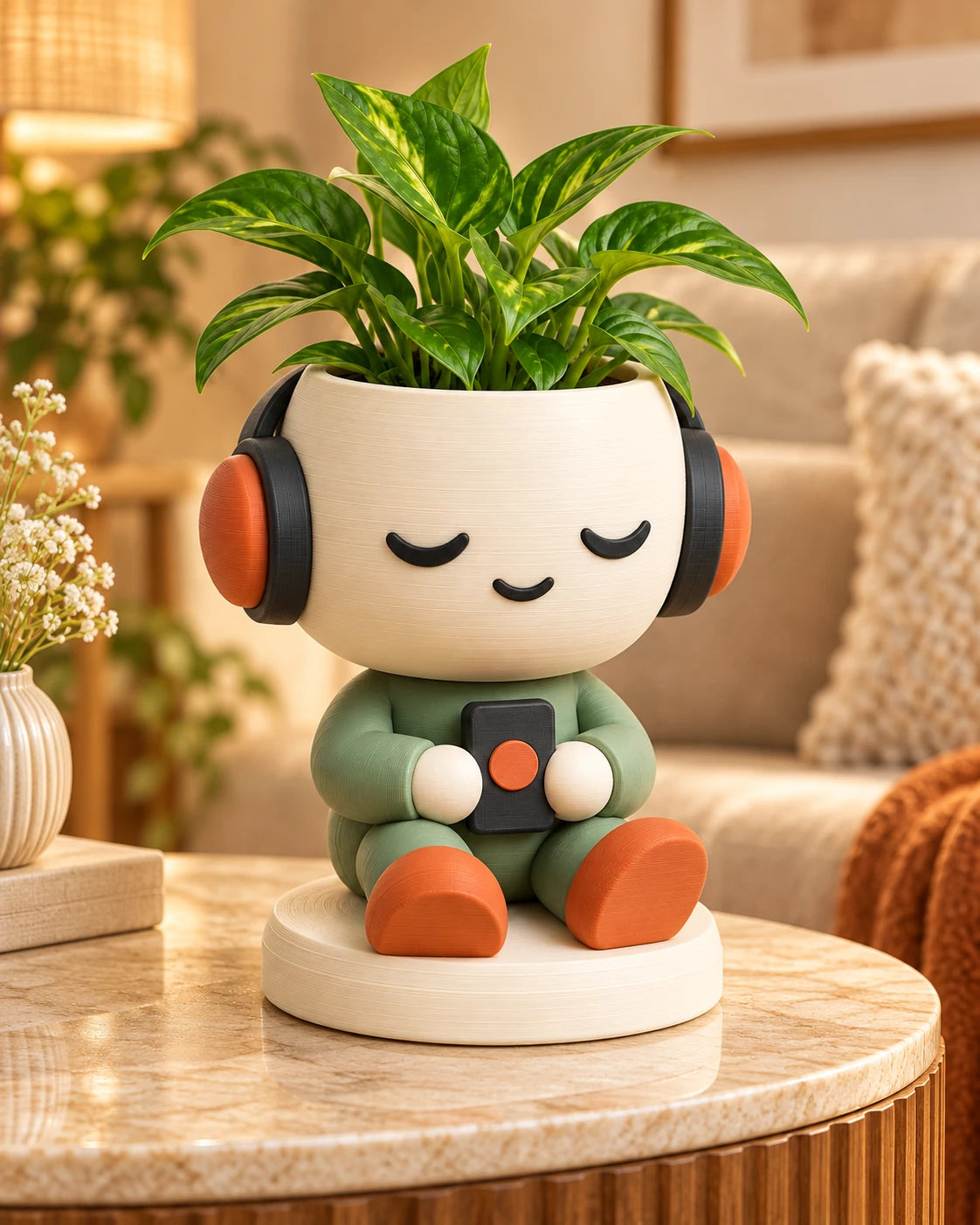 Headphone Planter styled with a plant on a side table; plant not included