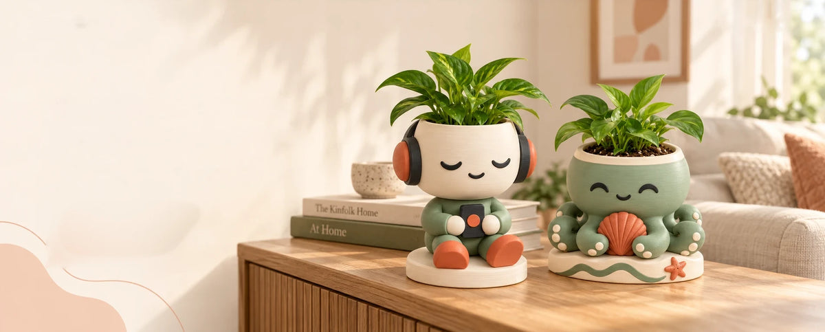 MiniKin Headphone Planter and an octopus character planter with green plants on a wooden sideboard in a sunlit living room