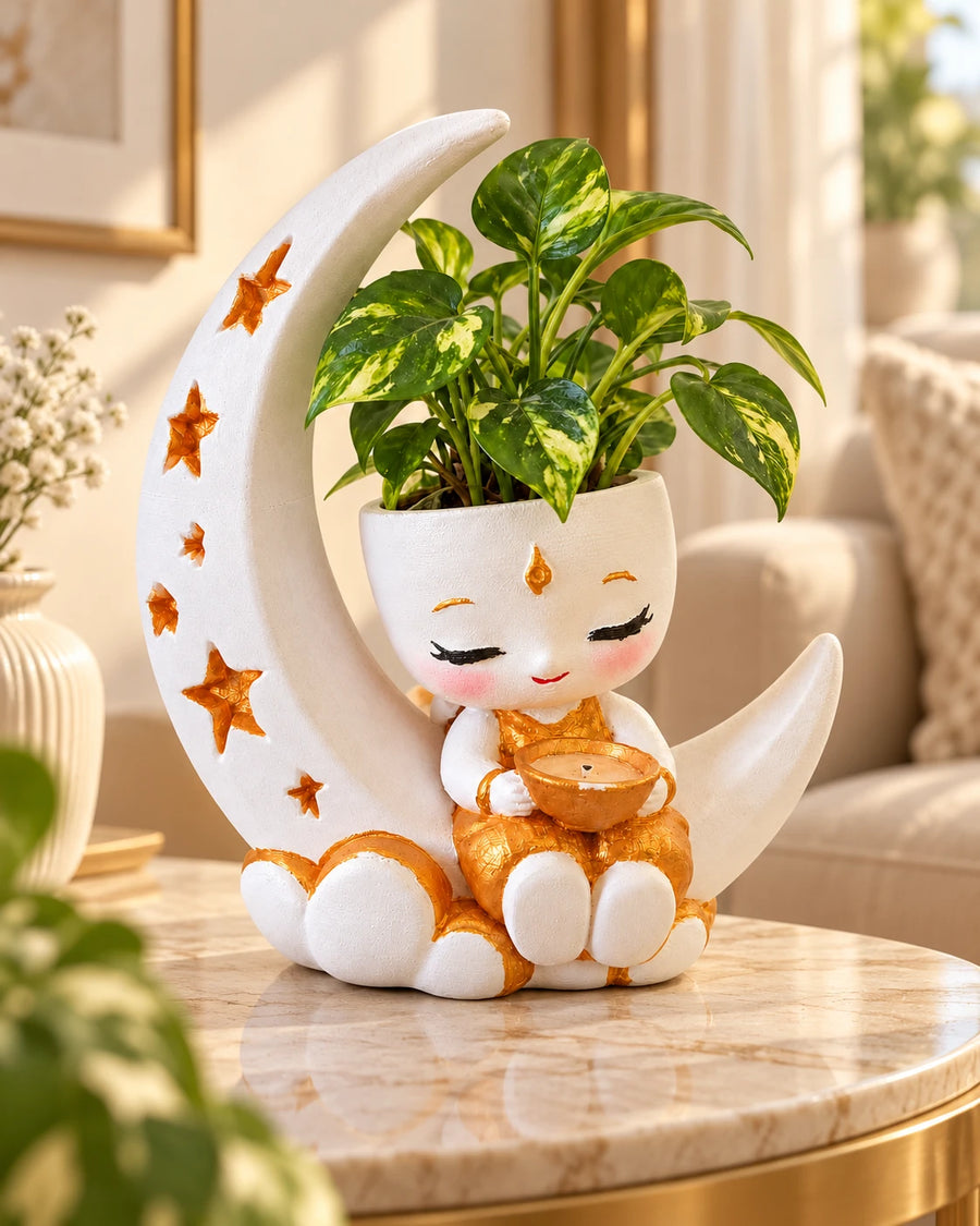 Festival Moon Planter styled with a plant on a side table; plant not included